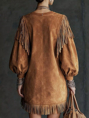 Fringe Detail Lantern Sleeve Mini Dress in black