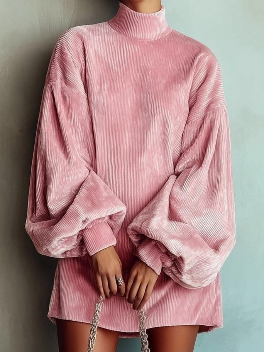 blush pink mini dress with corduroy and mock neck