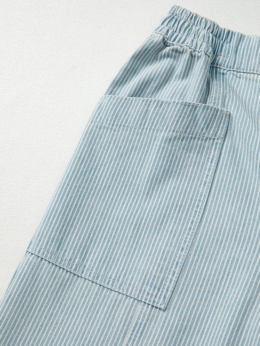 Light blue pinstripe drawstring jeans with a patch pocket detail.
