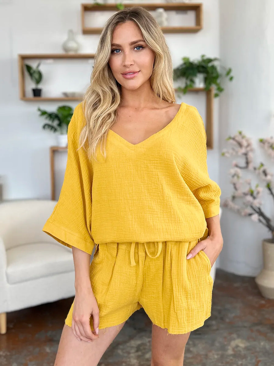 Gold textured cotton half sleeve top and drawstring shorts set