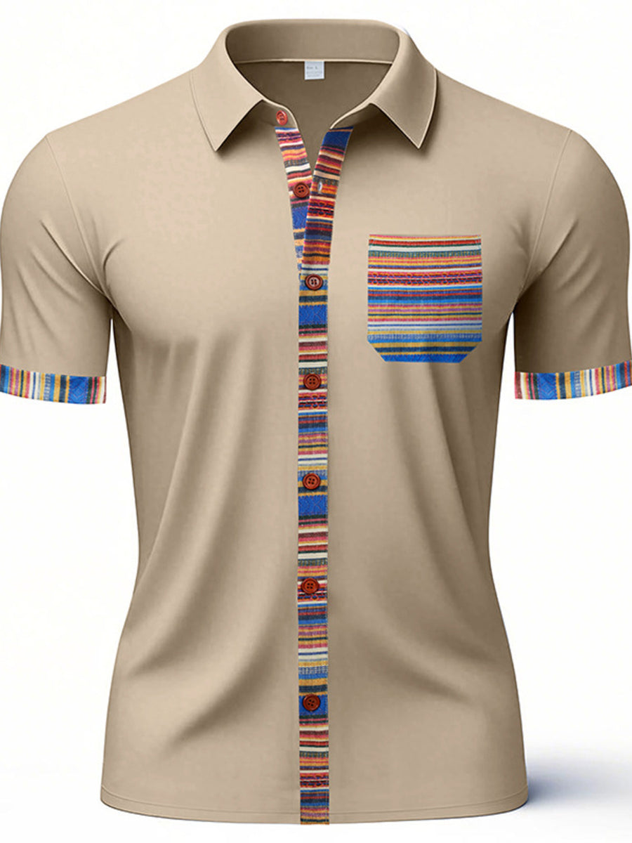 Khaki cotton short sleeve men's shirt with colorful striped trim on placket, pocket, and cuffs.