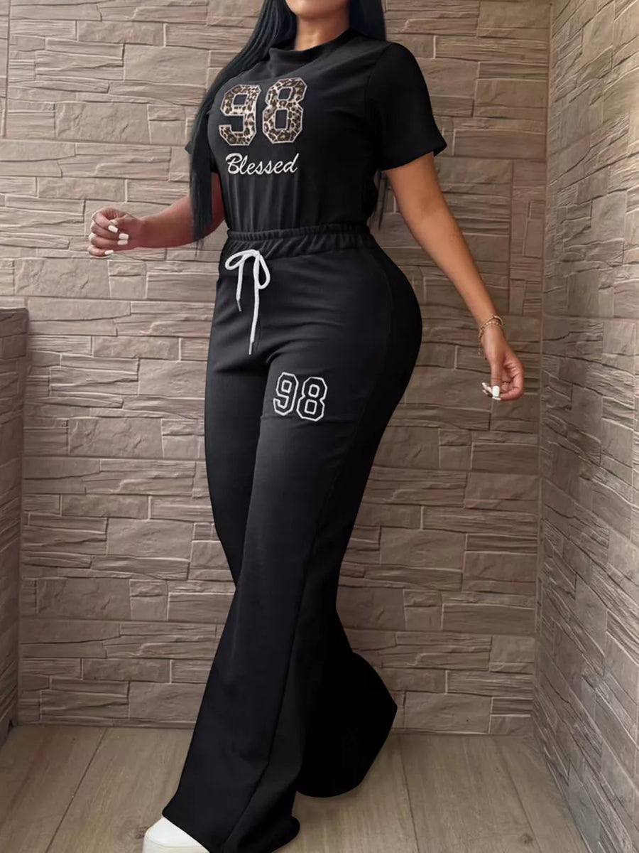 Black with Leopard Print Crop Top And Wide Leg Pants Set