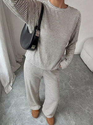 Gray with Striped Round Neck Top And Pants Set