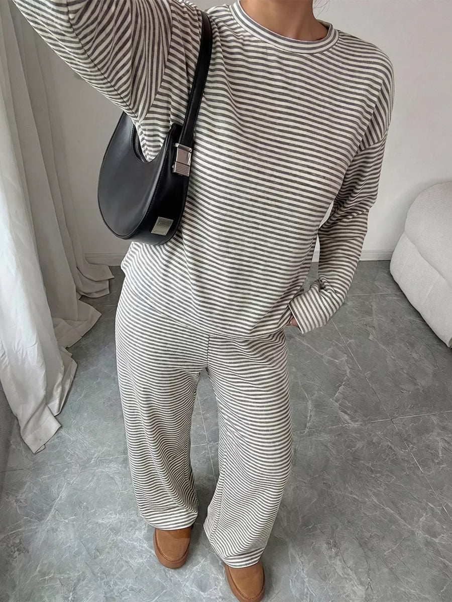 Gray with Striped Round Neck Top And Pants Set