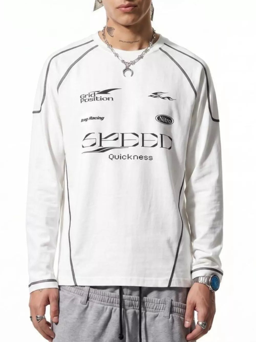 white t-shirt with graphic and crew neck