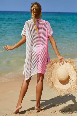 Ombre crochet beach cover-up with short sleeves and side slits, transitioning from white to pink.