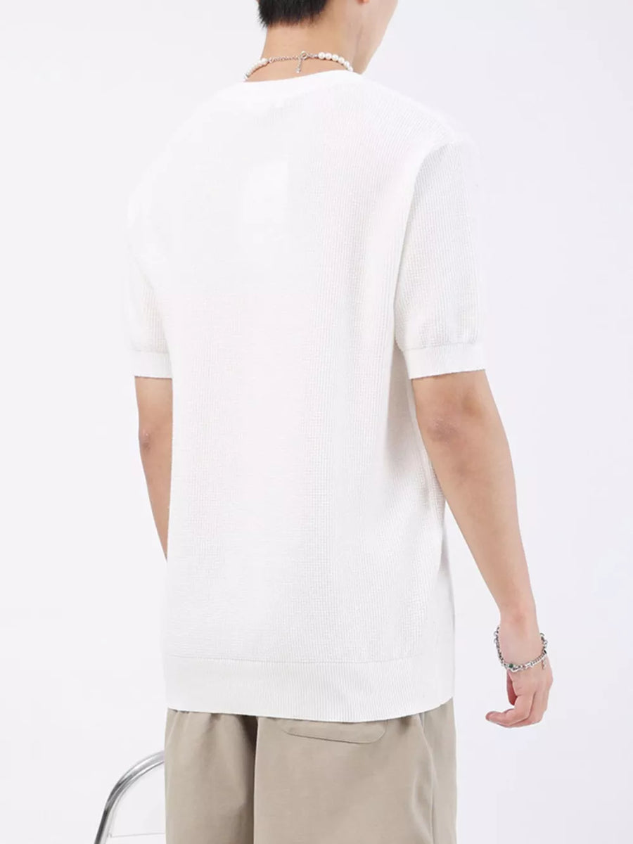 White knit henley t-shirt for men, short sleeves, textured fabric.
