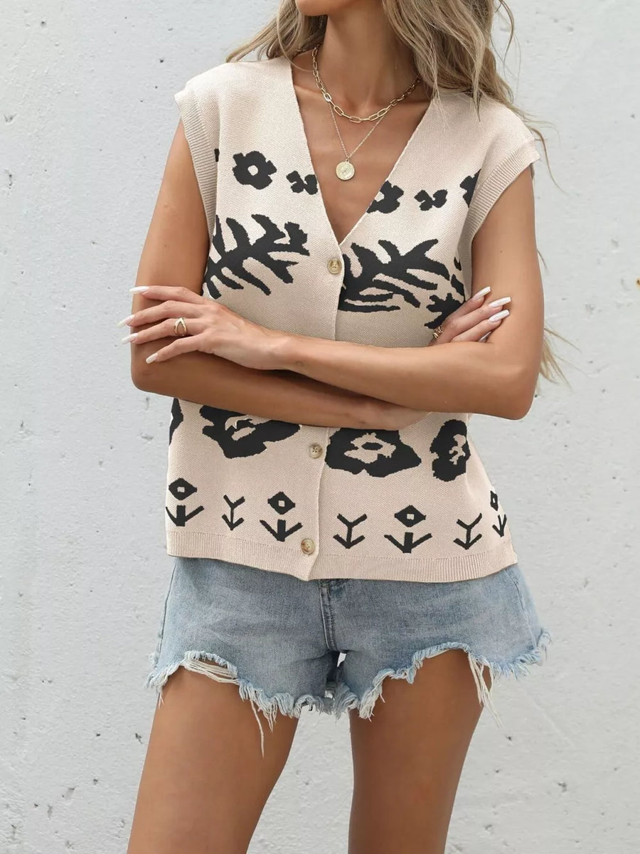 beige sweater vest with floral and v-neck