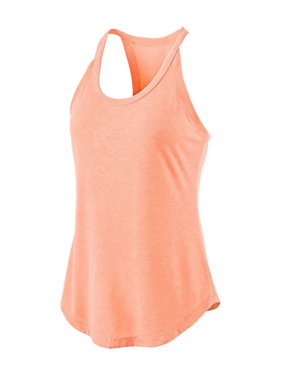 Peach racerback tank top with curved hem