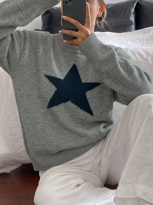 light gray pullover sweater with geometric and crew neck