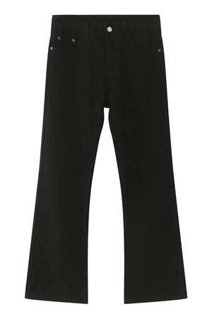 Black denim relaxed flare trousers with a casual, boho style
