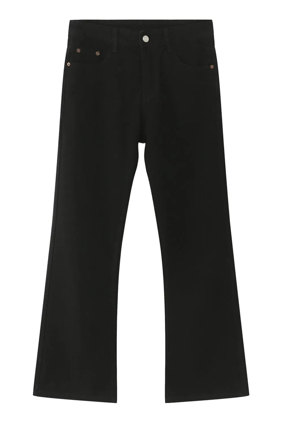 Black denim relaxed flare trousers with a casual, boho style