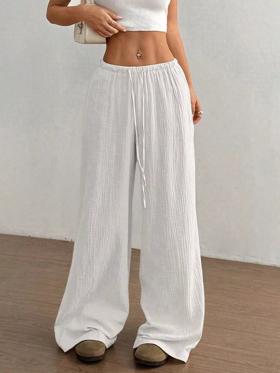 Wide-leg Drawstring Cotton Pants in Black