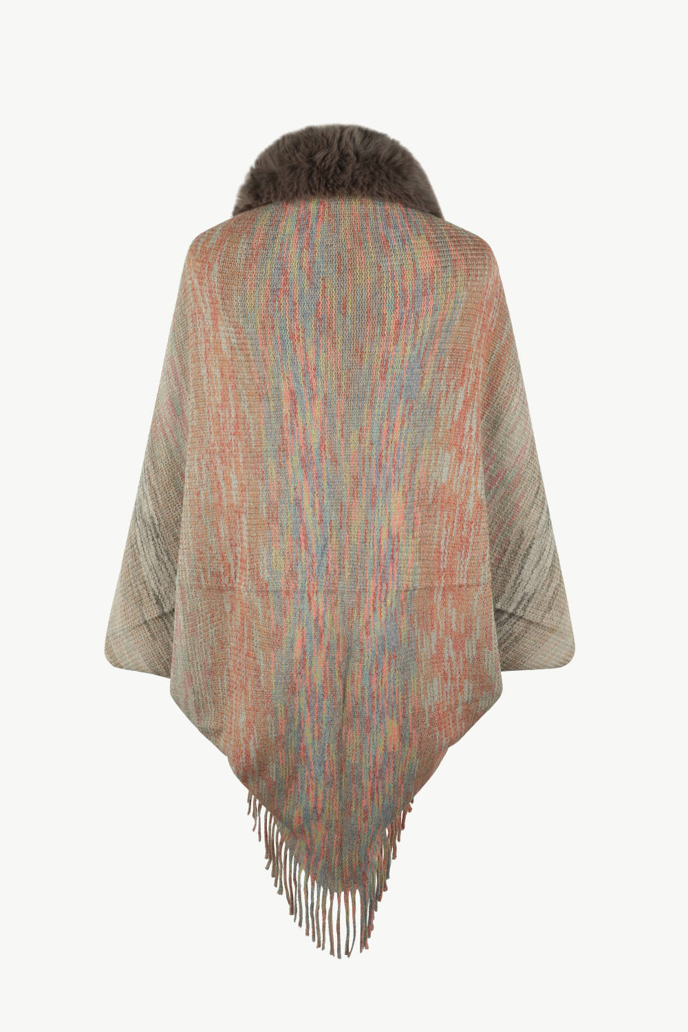 Textured knit cape with faux fur collar and fringe hem in a multicolor stripe pattern.