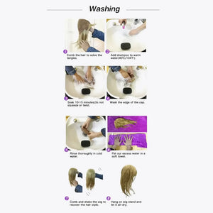 Washing instructions for a blonde lace front wig, showing steps from detangling to air-drying.