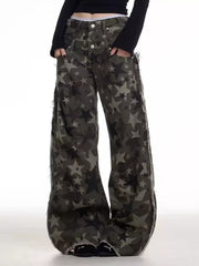 Star-embellished distressed wide-leg jeans in dark grey cotton with raw hems.