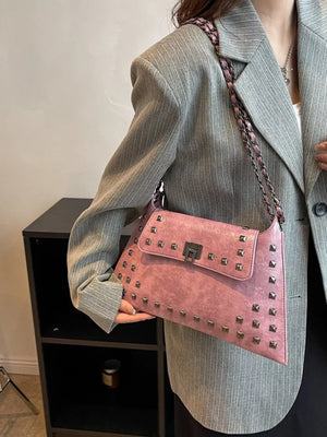Pink embellished chain flap shoulder bag with metal studs
