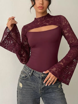 Burgundy lace bodysuit with mock neck and cutout, bell sleeves.