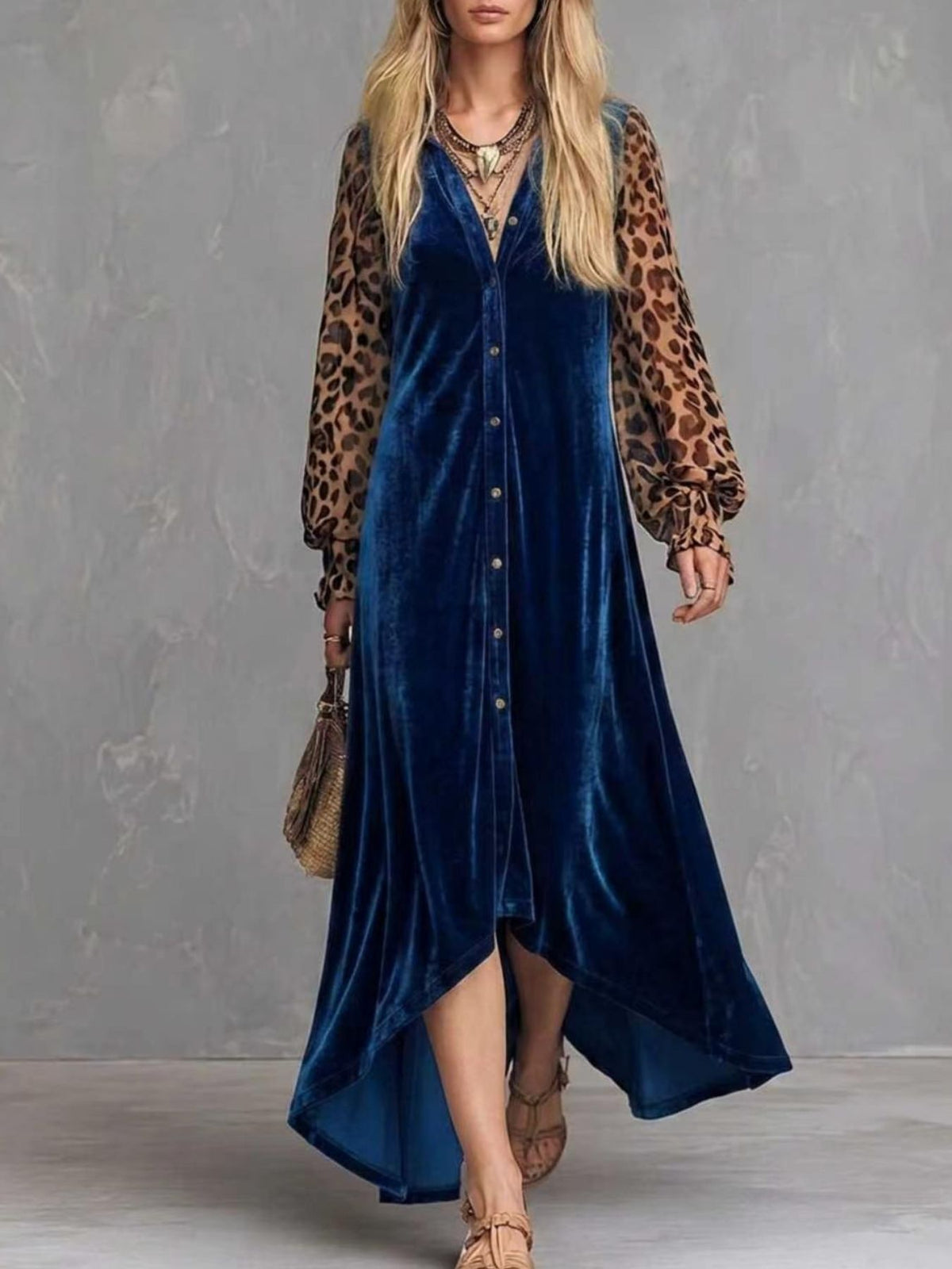 dark teal maxi dress with leopard-print and collared