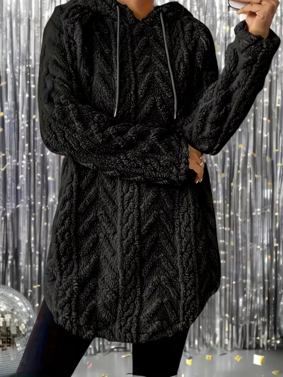 Black textured fleece hoodie with drawstring and long sleeves.