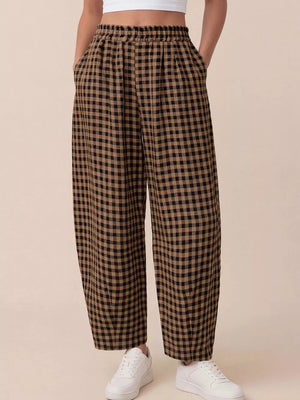 Gingham Wide-leg Casual Pants in Blue with pocketed
