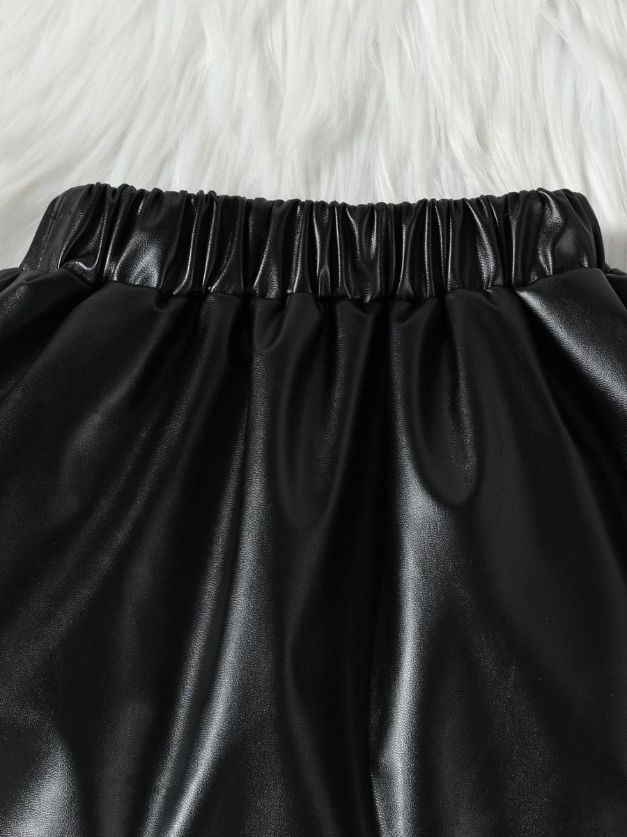 Black faux leather toddler shorts with elastic waistband detail