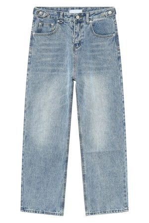 Vintage wash relaxed fit denim jeans in medium blue with button fly.