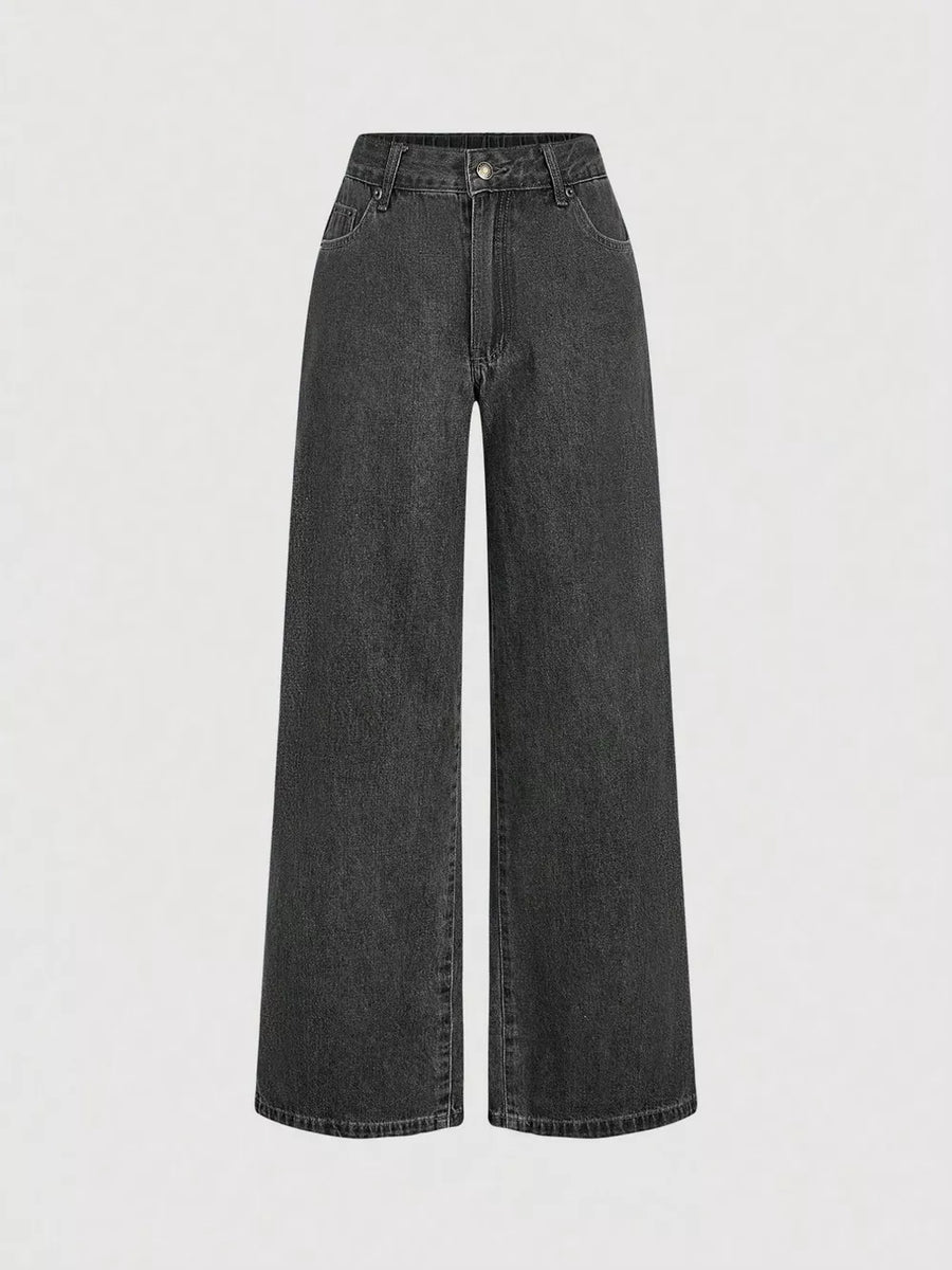 Dark Blue with Halter Neck Denim Vest And Wide-leg Jeans Set in Dark Blue