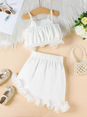 White ruffled cami and skirt set with delicate organza trim.