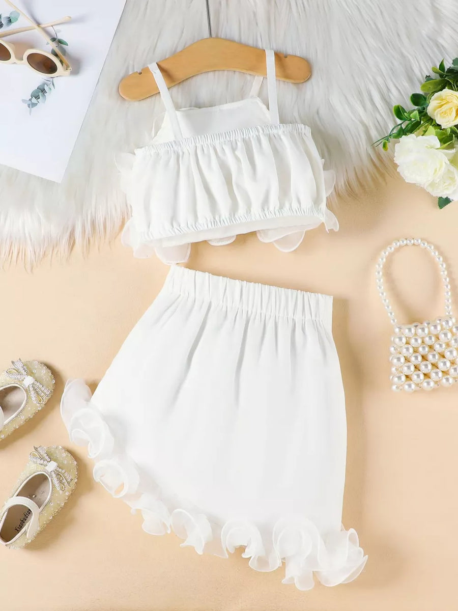 White ruffled cami and skirt set with delicate organza trim.