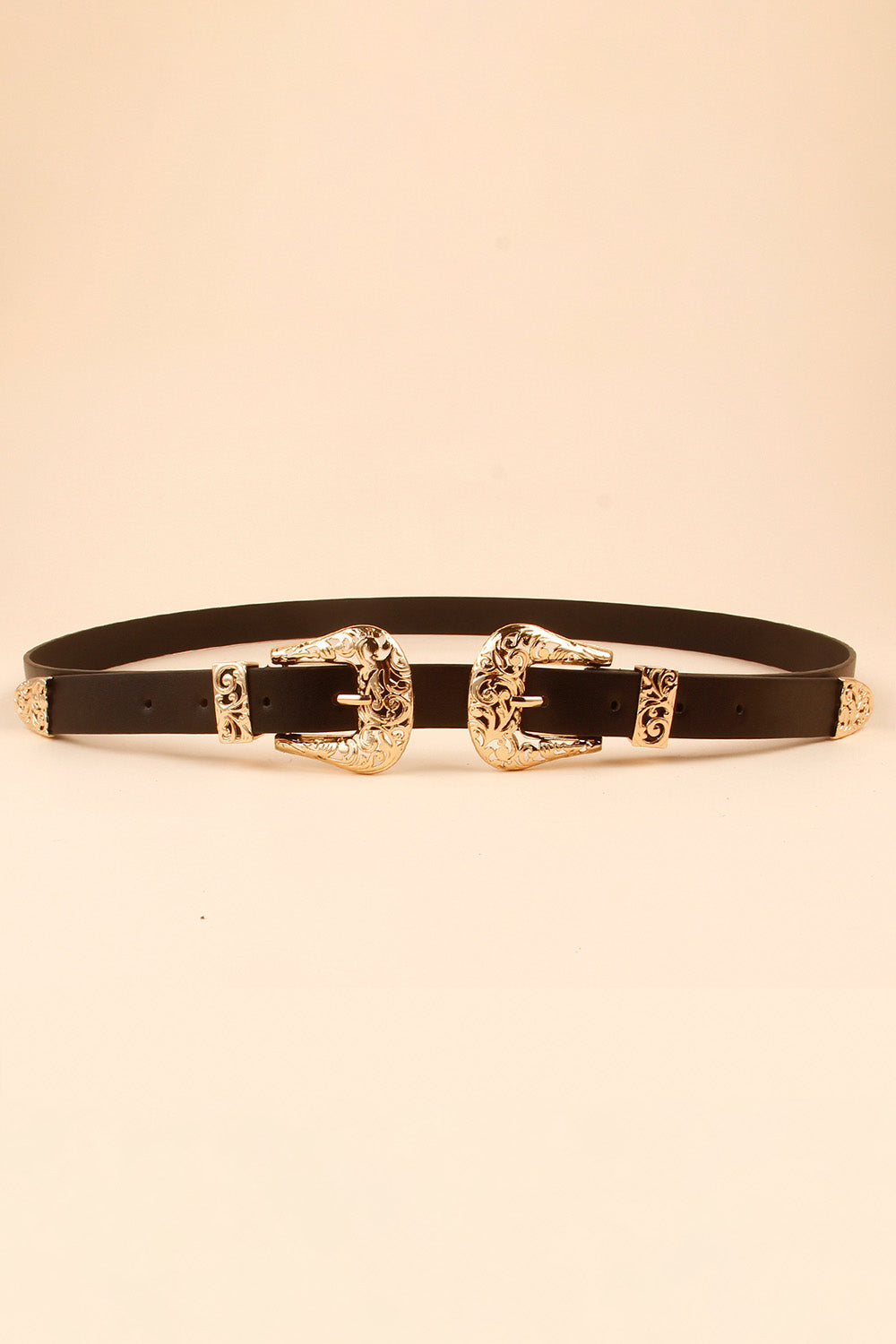 Black leather belt with ornate double gold buckles and tips