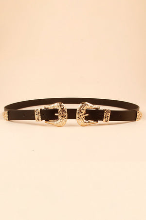 Black leather belt with ornate double gold buckles and tips