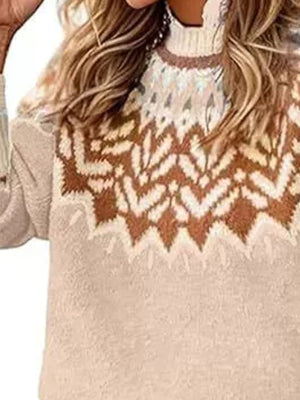 pullover sweater featuring Fair Isle in Camel with 100% polyester Care instructions: Machine wash cold texture