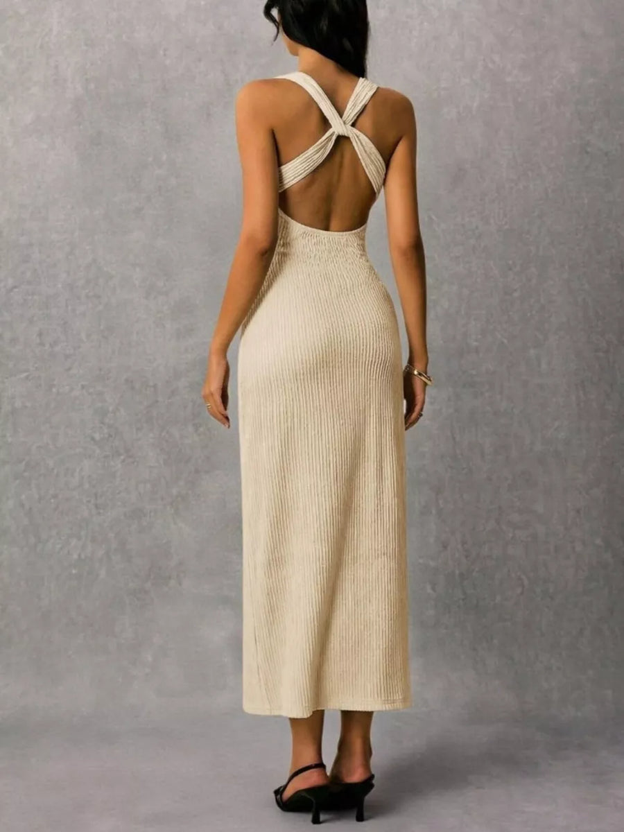 Ivory ribbed midi dress with crisscross back detail