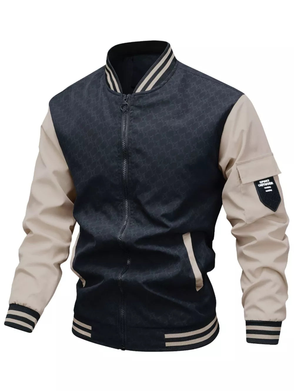 Contemporary bomber jacket in black with tan sleeves, striped collar and cuffs, and pocket details.