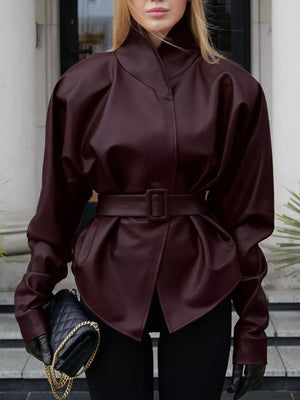 Wine Red with Stand Collar Belted Faux Leather Jacket