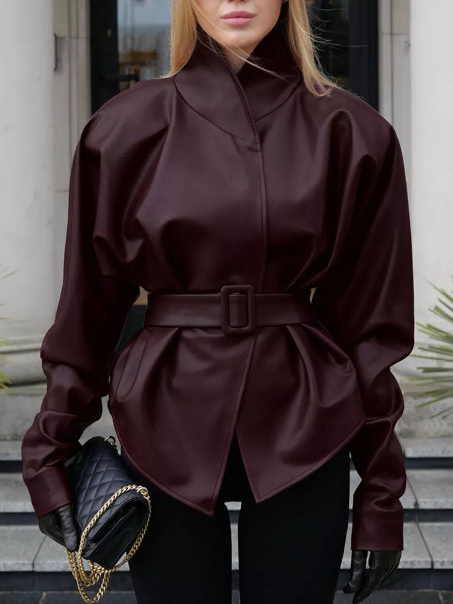 Wine Red with Stand Collar Belted Faux Leather Jacket
