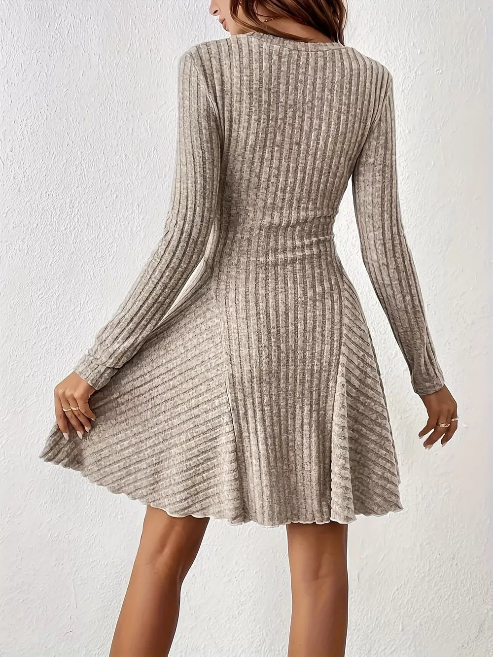 Khaki sweater dress featuring stretch and ribbed