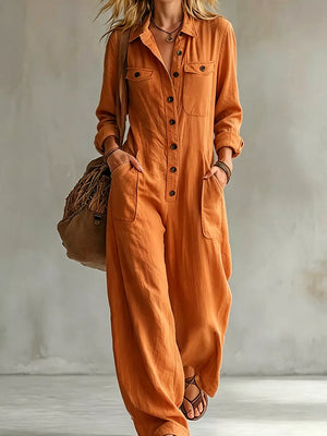 jumpsuit in Khaki with collared and long sleeve