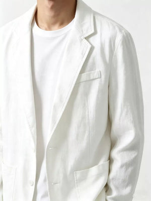 White long sleeve blazer with notched lapels and two-button closure, styled over a t-shirt.
