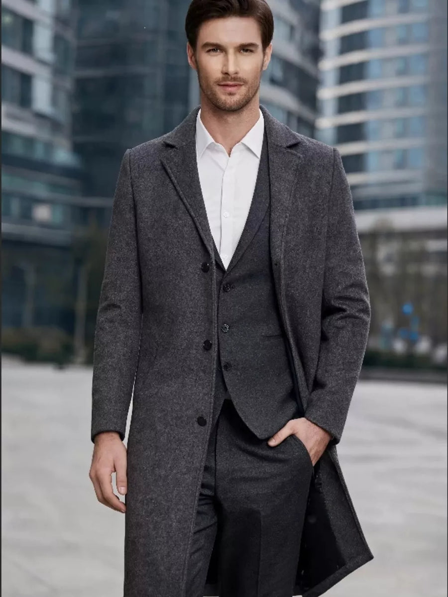 light gray slim overcoat with notch lapel