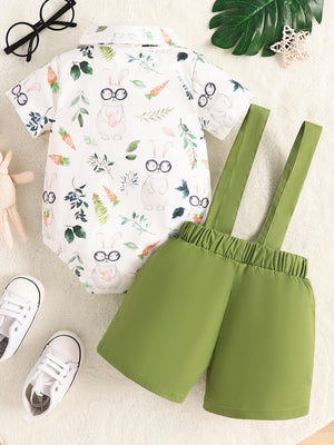 Baby bunny print shirt and green suspender shorts set