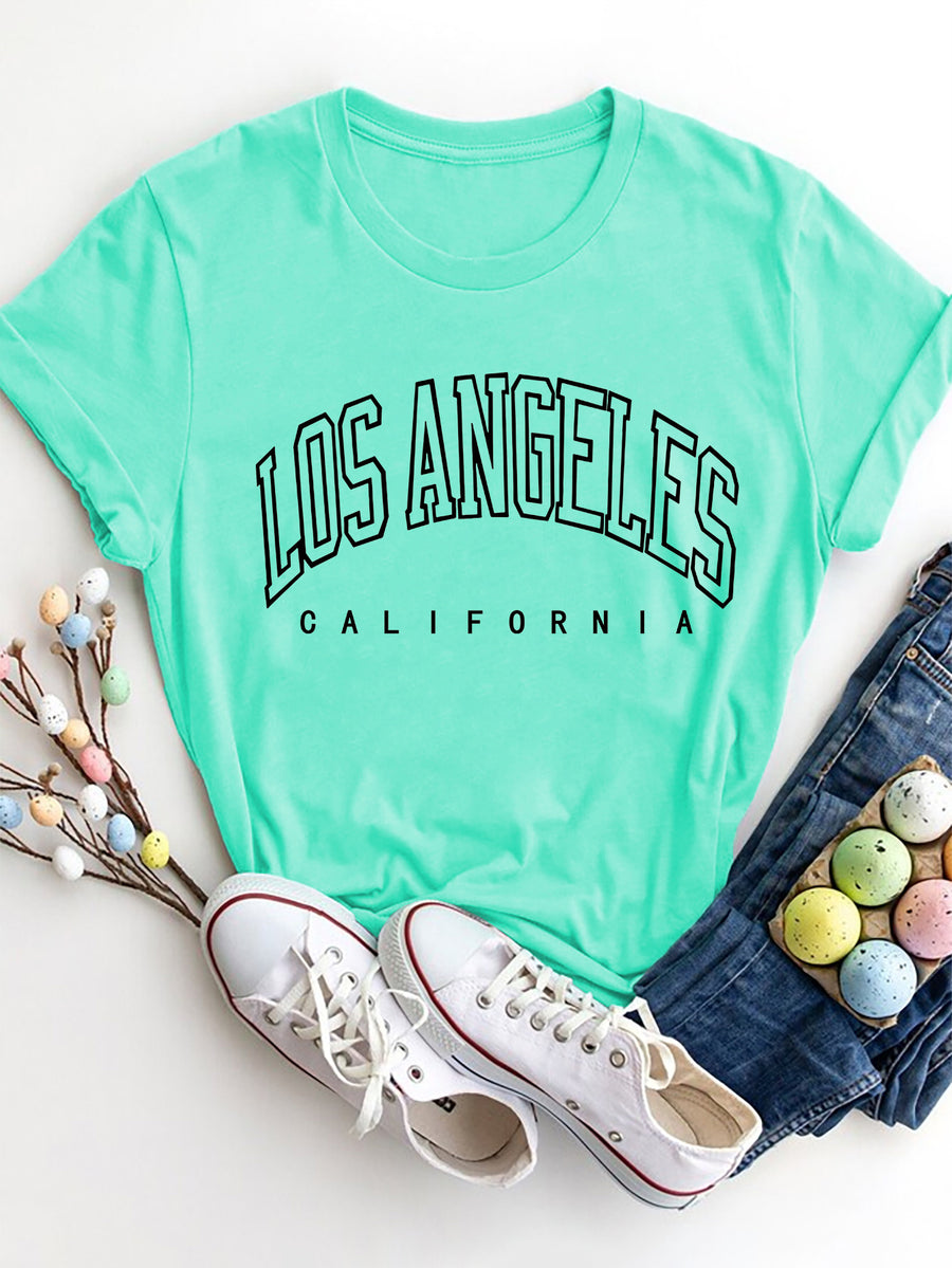 Aqua t-shirt with black Los Angeles California graphic print.