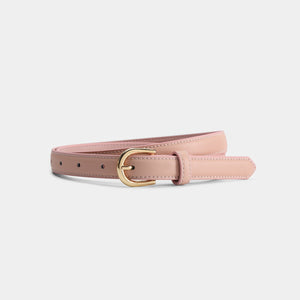 Sleek pink leather belt with adjustable holes and a luxe golden buckle.