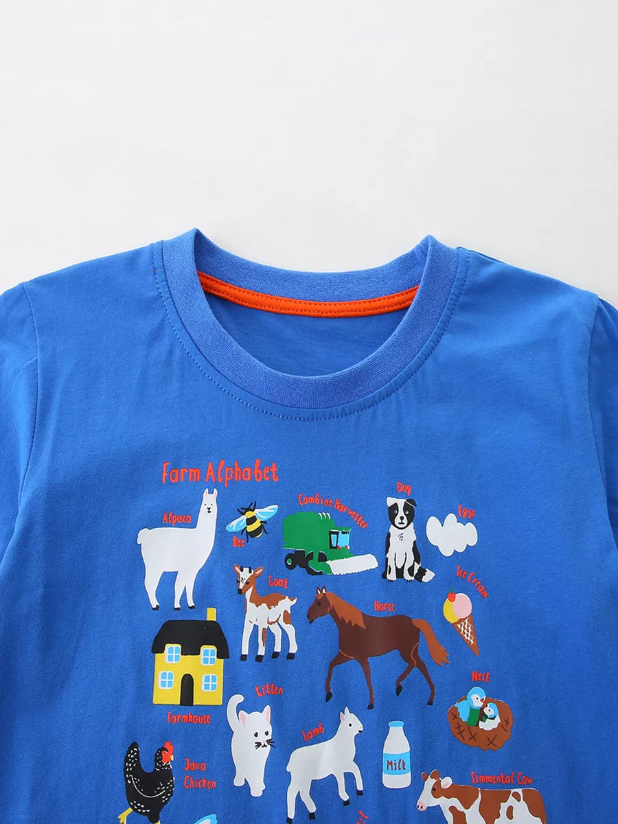 Blue cotton t-shirt with farm alphabet print featuring animals and farm equipment.