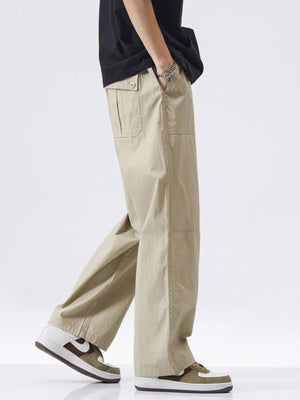 Khaki relaxed fit cargo pants with button flap pocket detail.