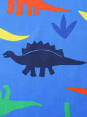 Blue toddler tee and shorts ensemble with a colorful dinosaur print.