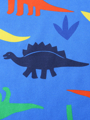 Blue toddler tee and shorts ensemble with a colorful dinosaur print.