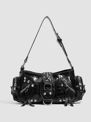 shoulder bag in black featuring rivet embellishment and structured fit