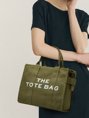 Letter Graphic Canvas Tote Bag in Army Green with top handles